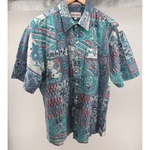 Vintage Campus Mens Short Sleeve Button Up Shirt Geometric Print Teal Size L 649